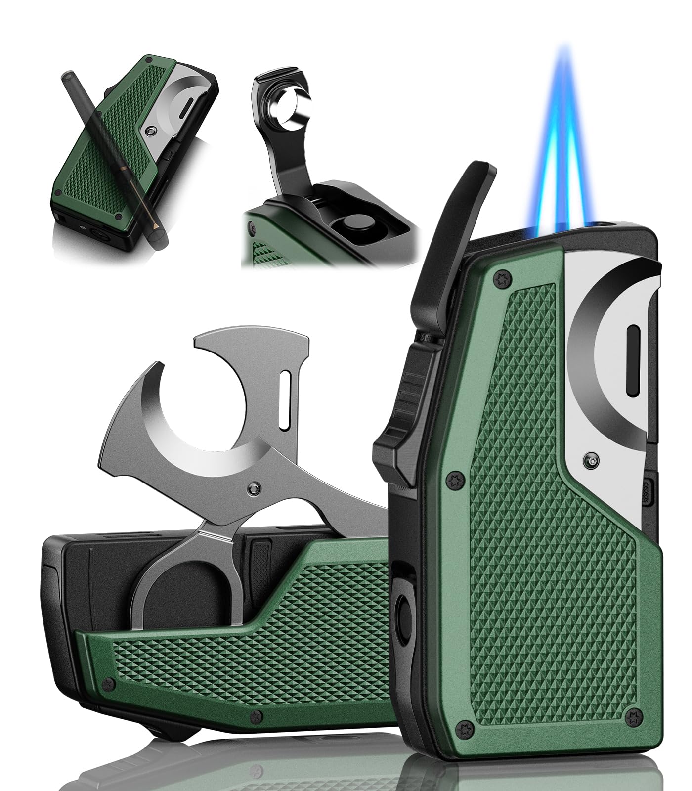 All-in-One Torch Lighters with Straight Cutter, Punch, Holder, Windproof Dual Jet Flame Torch Lighter, Refillable Butane Torch Lighters with Gift Box for Men, Multi-function Accessories for Men Luxury