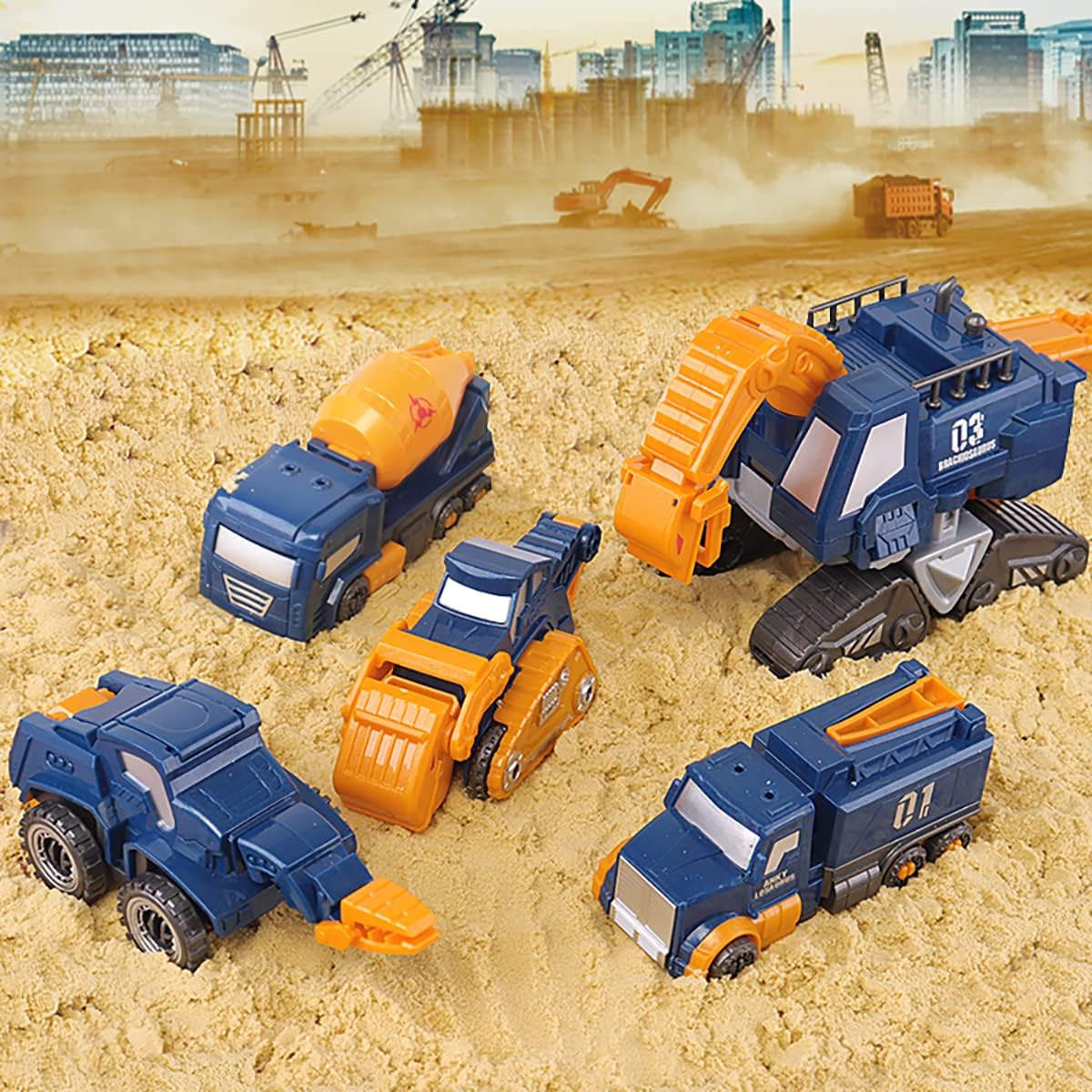 Skiennix Toddler Construction Car Transform Set - 5pcs Dinosaur Rescue Robots with Magnetic Connectors | DIY STEM Building Trucks for Kids Ages 3-7