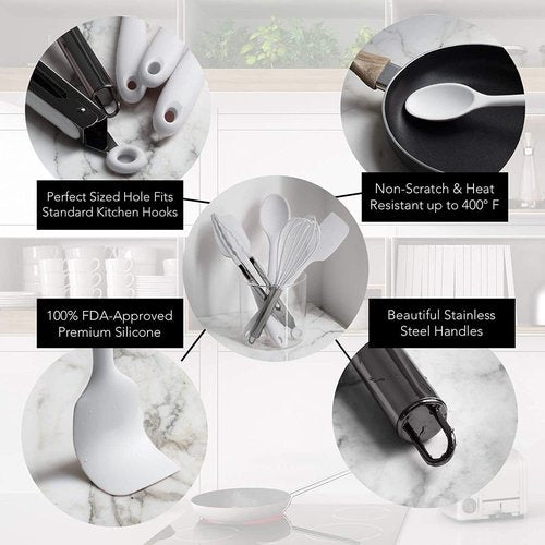Country Kitchen Silicone Cooking Utensils - Easy to Clean Spatula Set for Nonstick Cookware, White