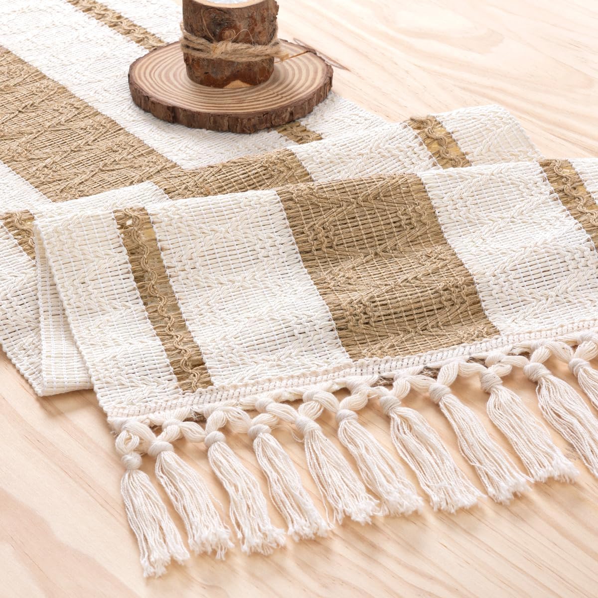 MLMW Boho Table Runner 48 inches Small Coffee Table Runner Rustic Burlap Macrame Jute Woven Table Decor Short Dresser Runners for Bedroom Living Room Home Decor