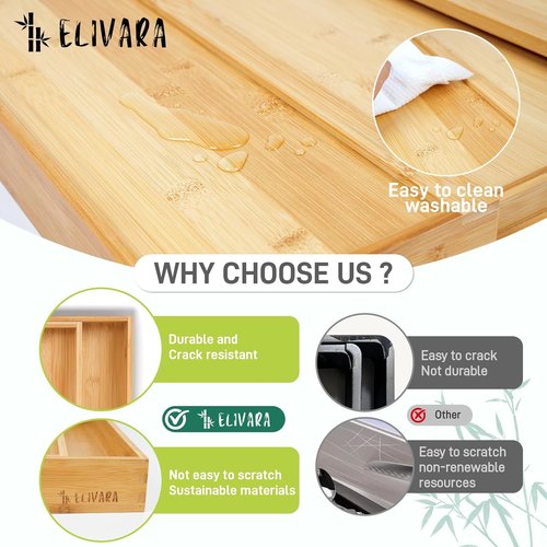 Bamboo Expandable Drawer Organizer by Skiennix - Adjustable Utensil & Cutlery Tray for Kitchen, Office & Bathroom Storage