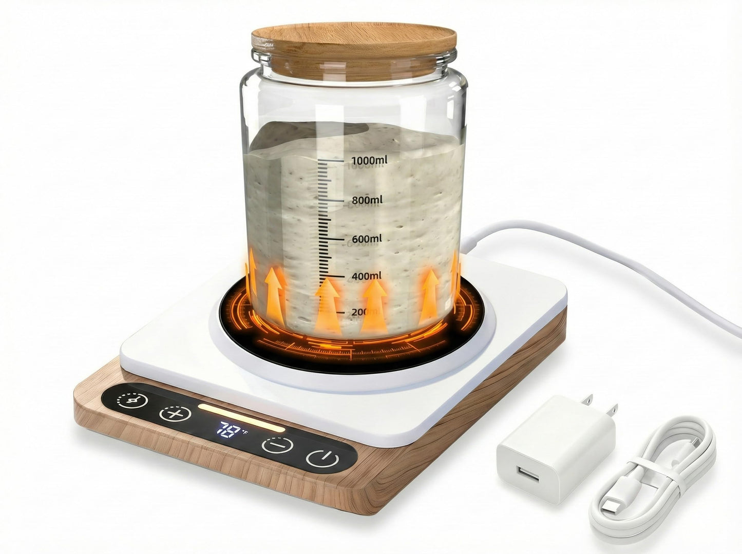 Poliby Sourdough Starter Warmer Mat – Precise 1°F Thermostat Control (70–100°F), Smart Memory On/Off – Keeps Starter Active & Consistent – Fits Jars Up to 40oz – Home Baking Essential (White)