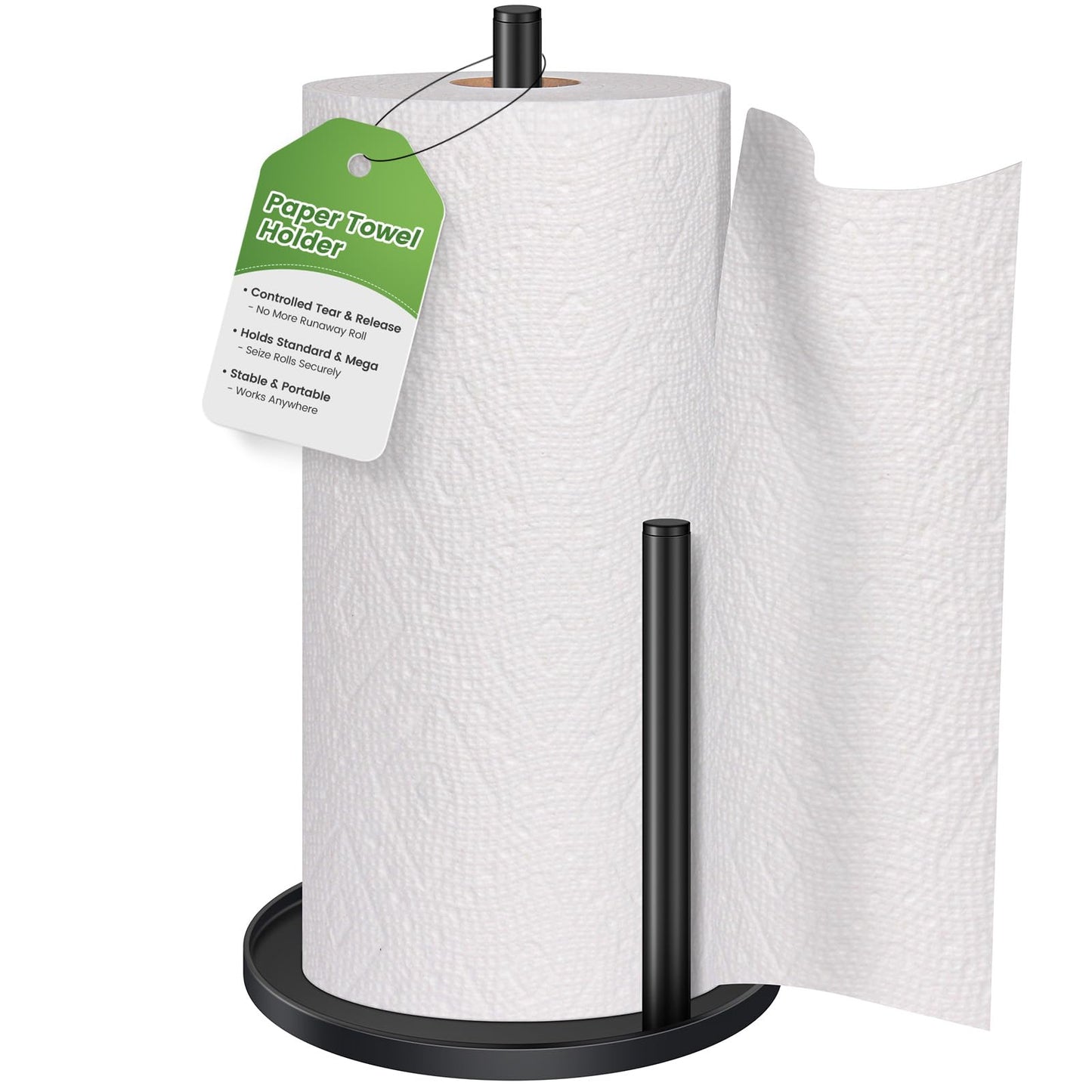 Black Paper Towel Holder Countertop, Paper Roll Holder Stand with Anti-Slip Weighted Base, Easy-Tear Papers Towel Rack Free Standing Tissue Dispenser for Bathroom Kitchen Organization RV Essentials
