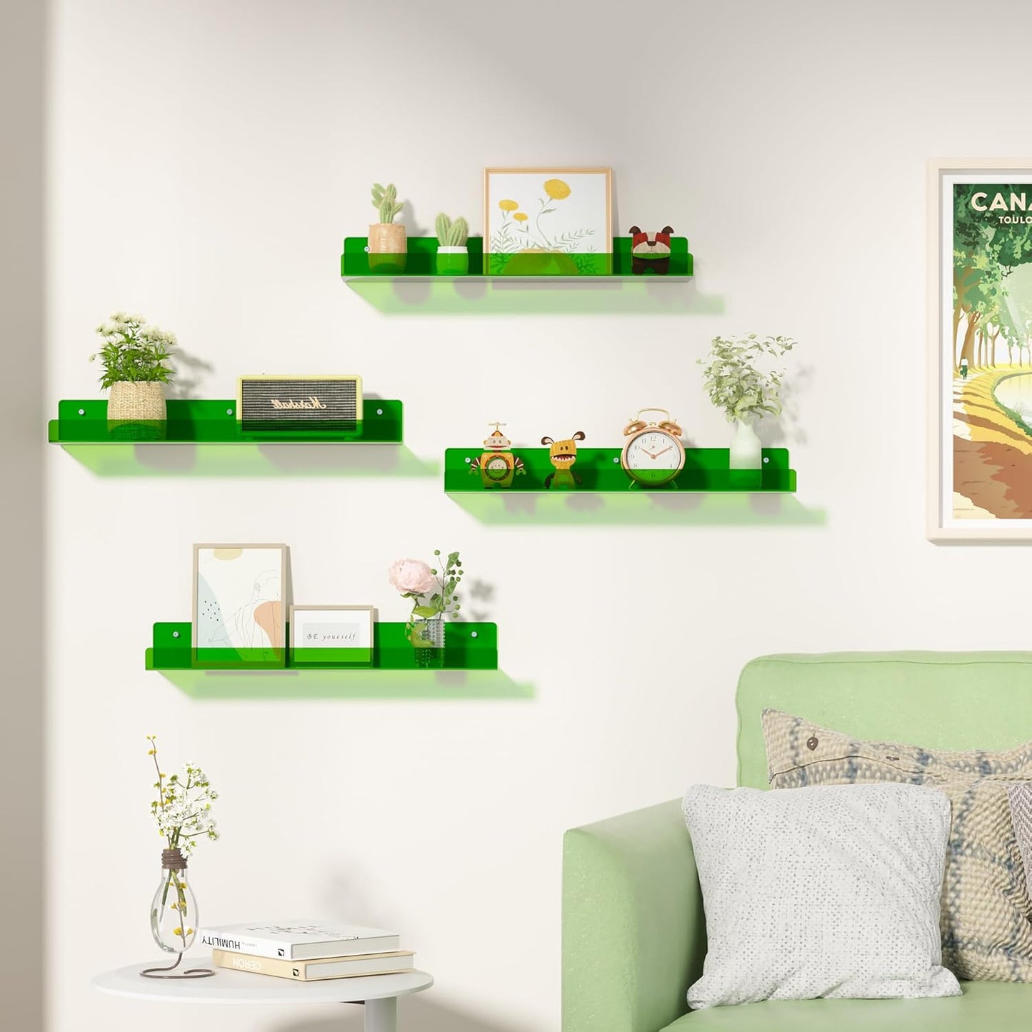 Upsimples Acrylic Wall Shelves - 15" Clear Green Floating Display Shelf Set for Bathroom & Bedroom | 4 Pack