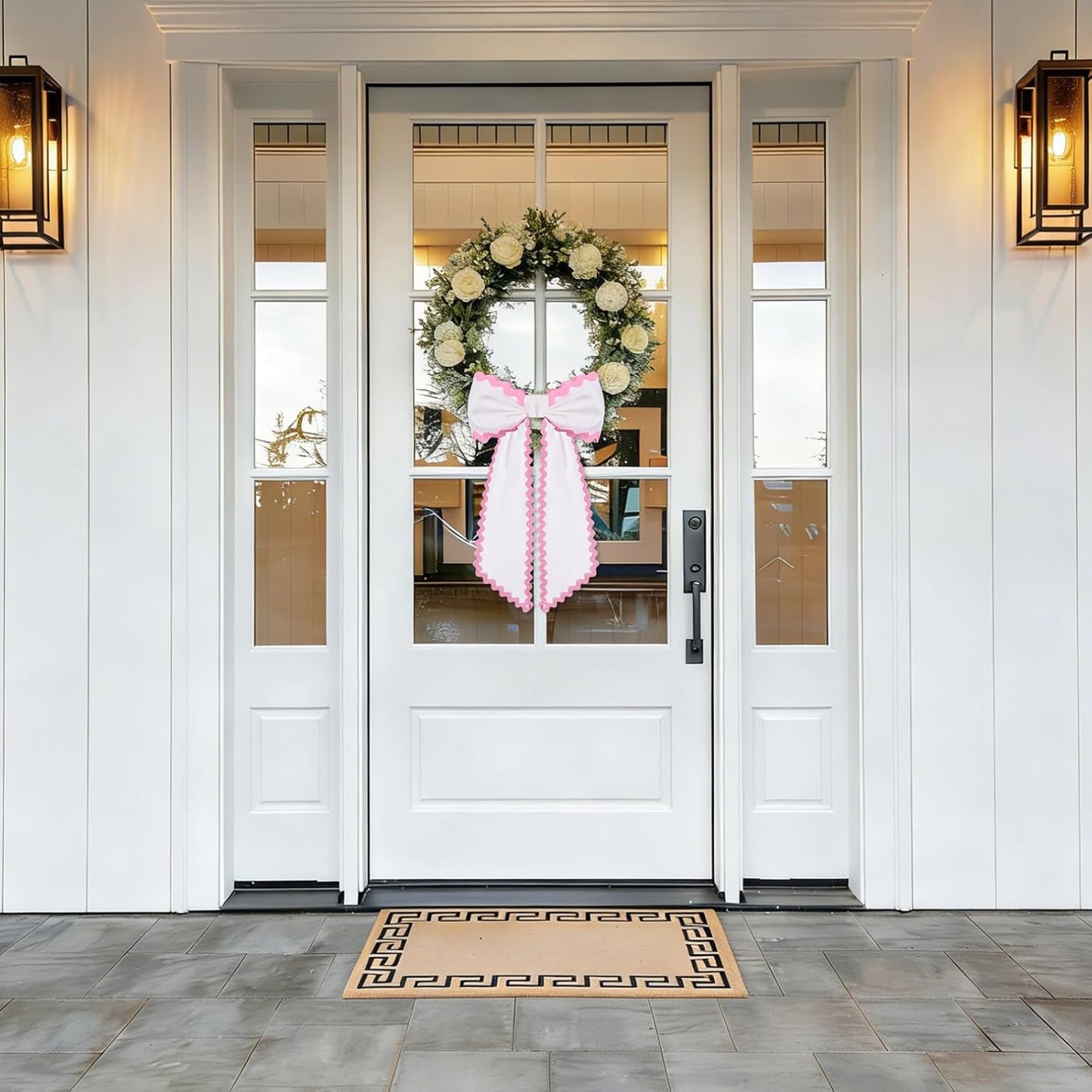 Skiennix Scalloped Wreath Sash - Elegant Ruffle Ribbon Bow for Front Door Decor | 2 Pcs Set in White & Pink