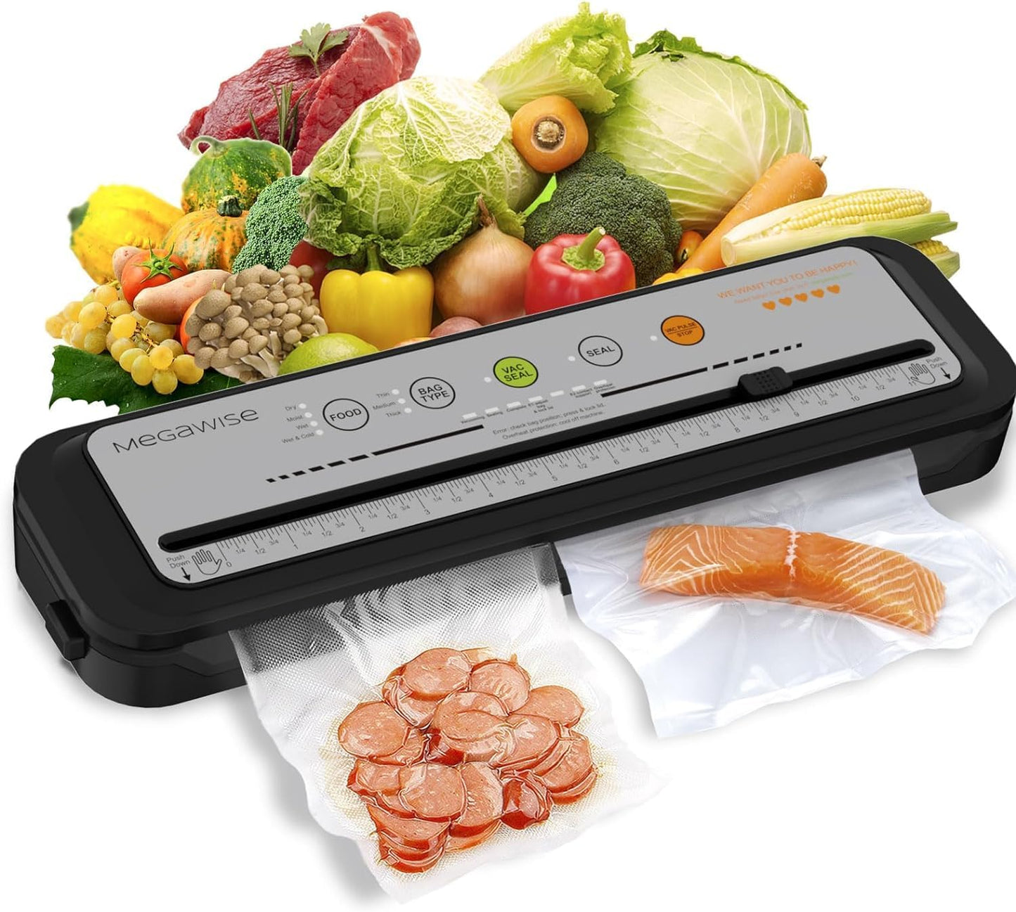 MEGAWISE Vacuum Sealer Machine - Powerful One-Touch Automatic Design | Seals in 10-20 Seconds | Includes 10 Bags & Cutter (Grey)