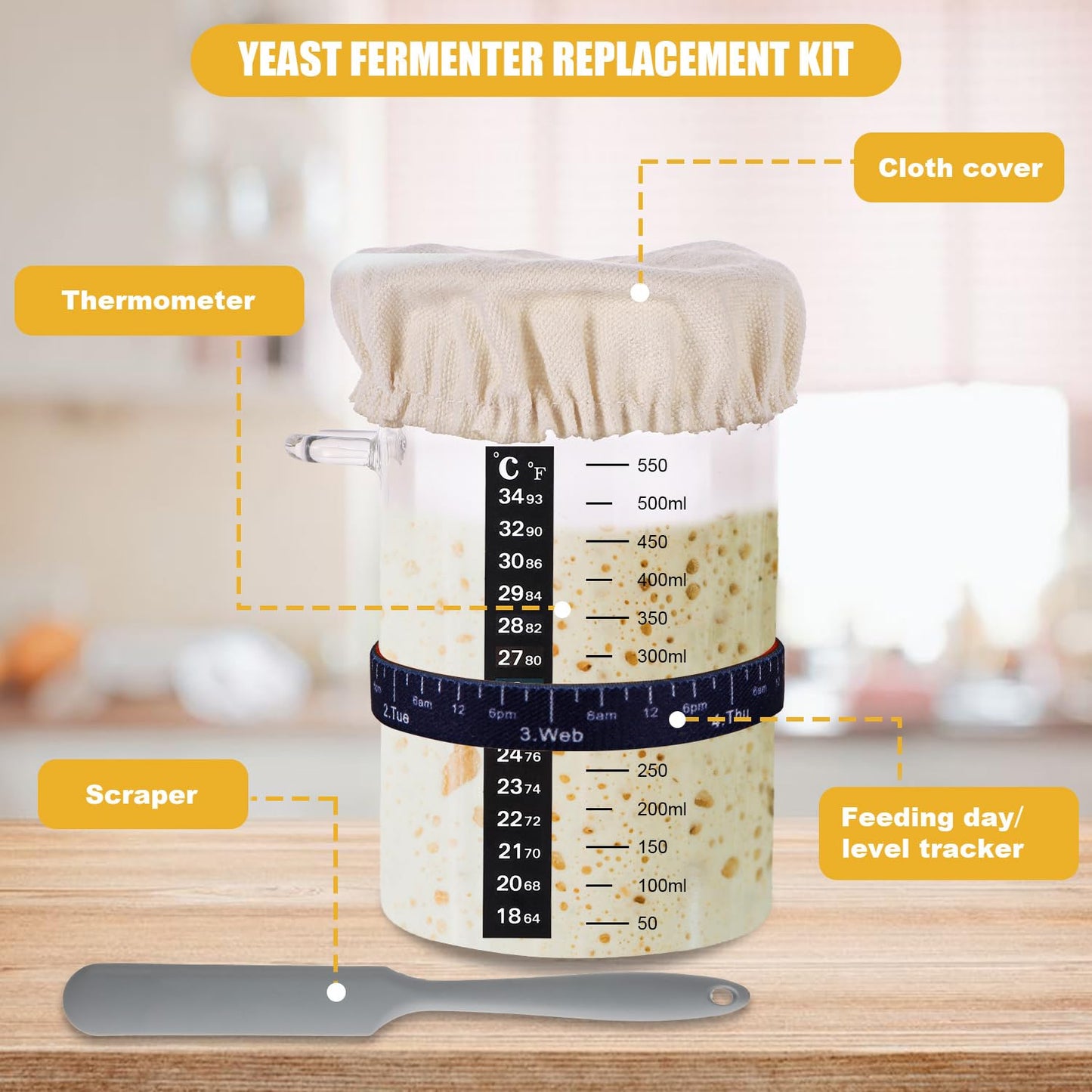7pcs Replacement Set for Sourdough Starter Jar, Sourdough Starter Kit with Cloth Cap Silicone Spatula Date Band Temperature Paper for Yeast Bread Baking Supplies