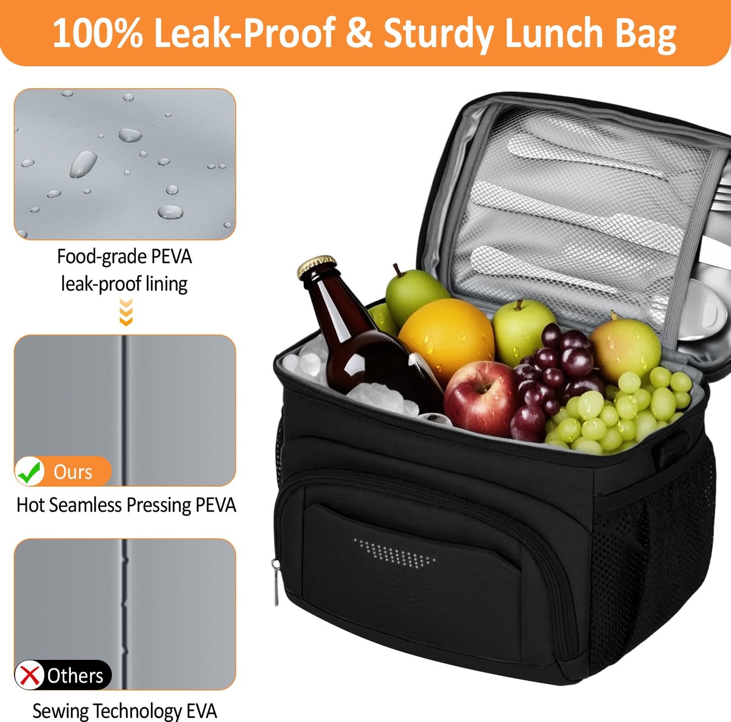 Vankor Lunch Box for Men Women, Insulated Lunch Bag Reusable Leakproof Cooler Lunch Tote Bag with Adjustable Shoulder Strap for Work Office Picnic Beach Travel, Black