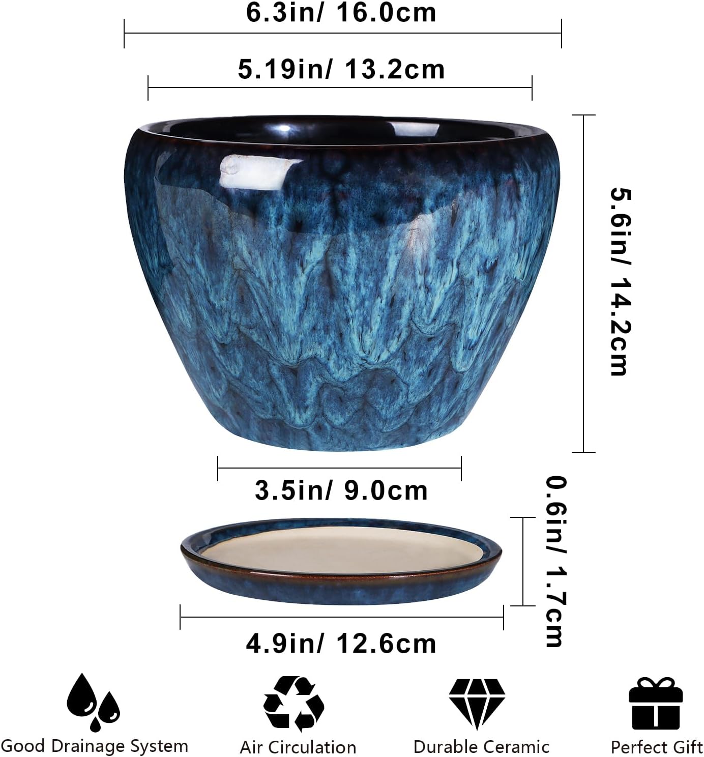 Skiennix Ceramic Succulent Planter Pot - 6 Inch Round with Drainage Hole & Saucer for Indoor/Outdoor Use