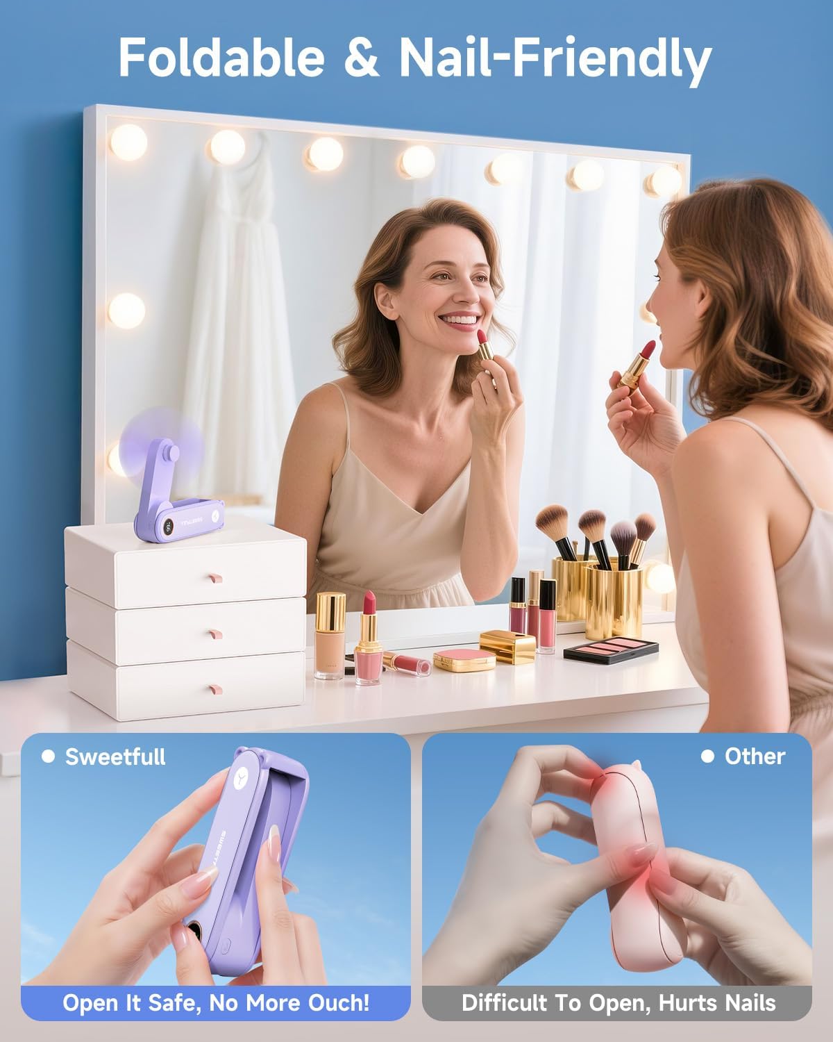 Sweetfull Portable Handheld Mini Fan - 3-in-1 USB Rechargeable Fan & Flashlight for Travel | Compact & Cute Design