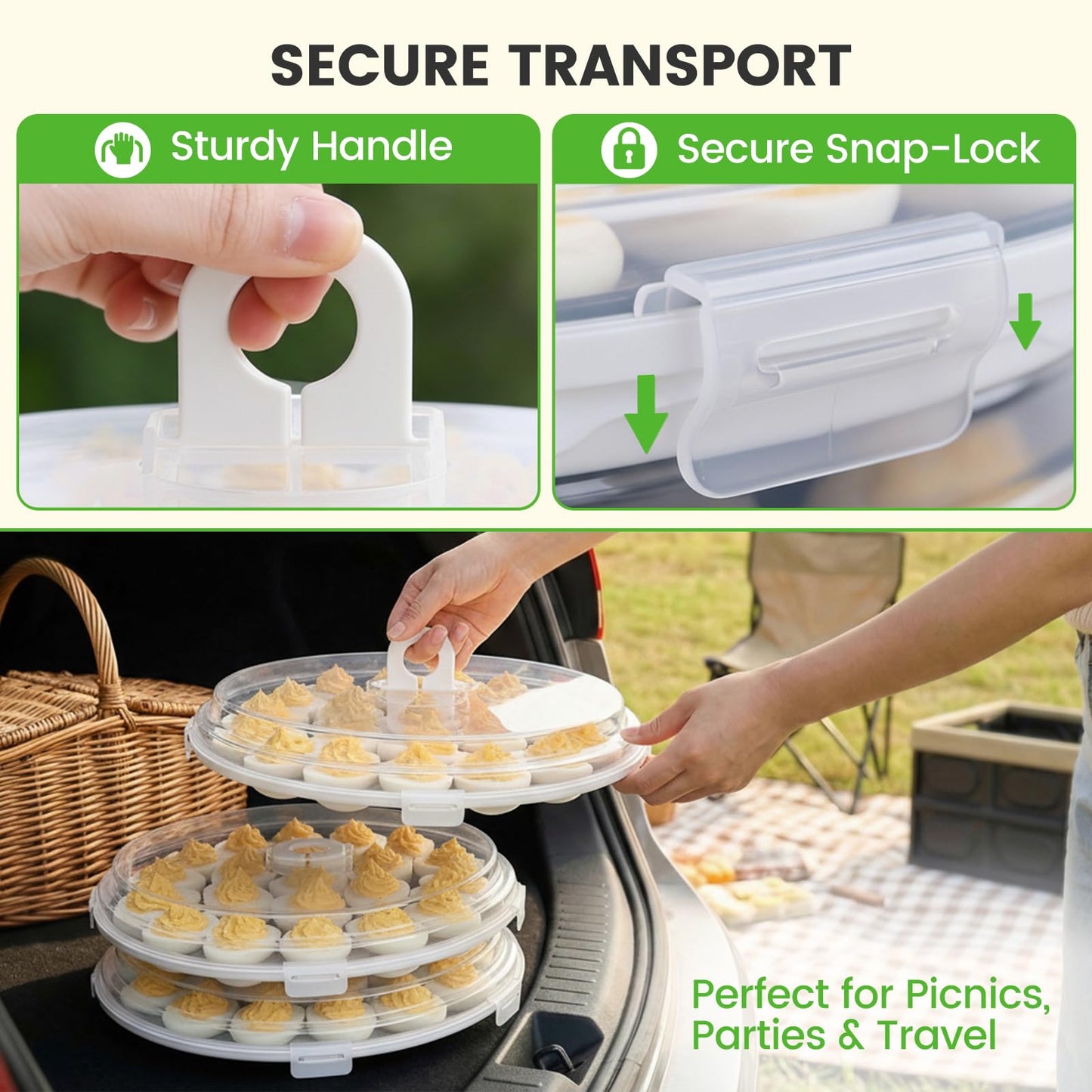 HANSGO Deviled Egg Containers with Lid, 3PCS Deviled Egg Platter Carrier Holder Trays with 66 Slots for Festival Party and Home Kitchen, White