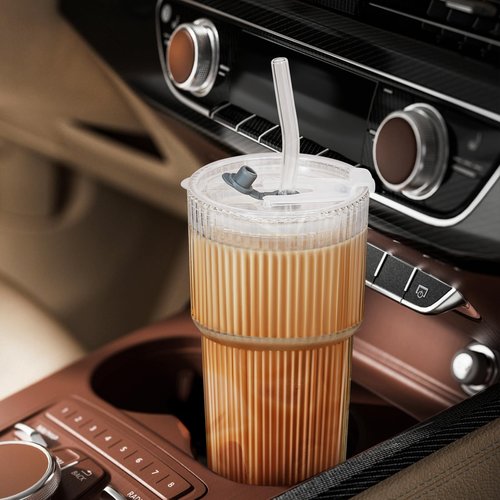 4 Pack 20 Oz Glass Cups with Lids and Straws Iced Coffee Cups Vintage Ribbed Glassware for Beer Ice Coffee Fruit Juice Elegant Aesthetic Cup Glass Iced Coffee Tumbler Include 2 Cleaning Brushes