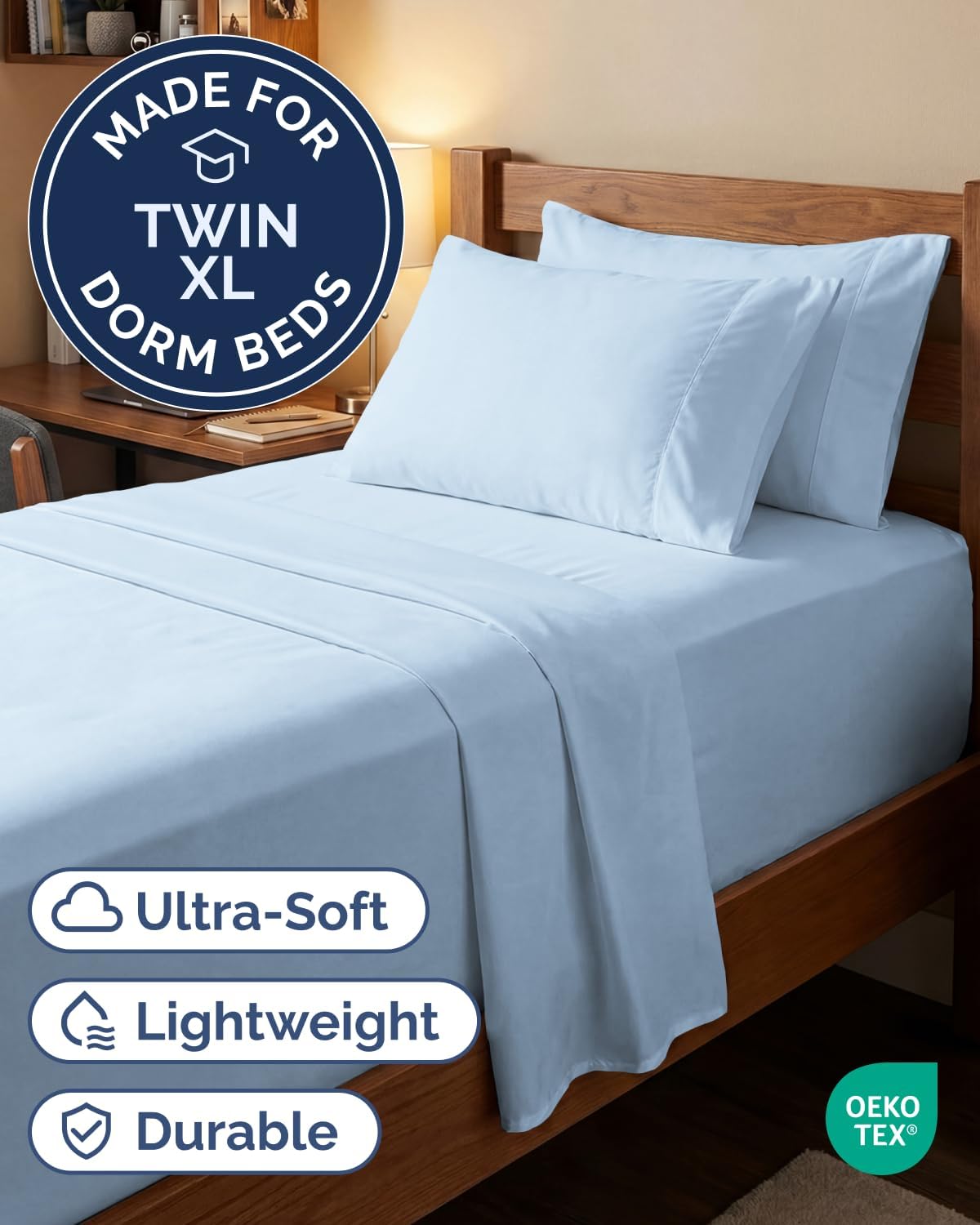 Skiennix Extra Deep Twin XL Sheet Set - 4-Piece Breathable Cooling Bedding - Soft, Wrinkle-Free Light Blue