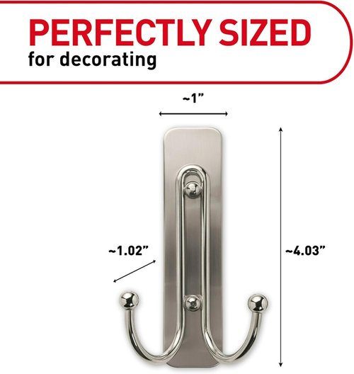 Command Large Brushed Nickel Double Hook - Damage-Free Wall Hooks with Adhesive Strips | Holds Up to 4 lb