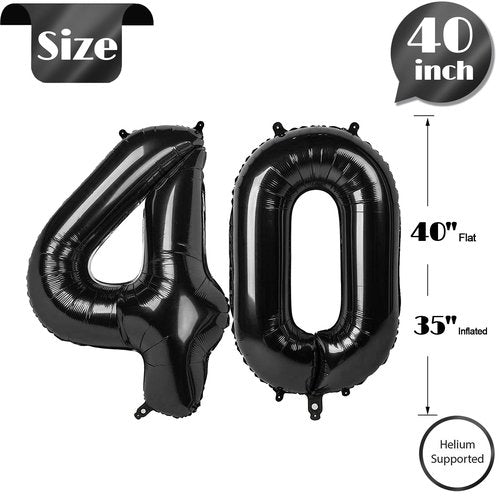 Black Number 40 Balloon 40 inch, 40 Number Balloons, 40th Black Birthday Decorations, 40 Year Old Women Men Party Supplies