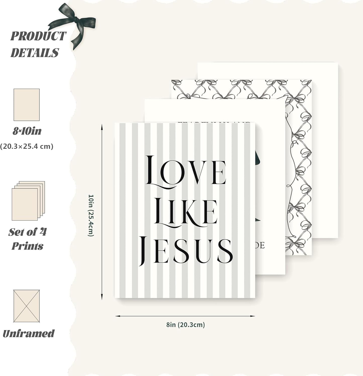 LARTSFRO Coquette Black Bow Wall Art Decor - Inspirational Bible Verses | Set of 4 Unframed 10x8 Inch Pictures