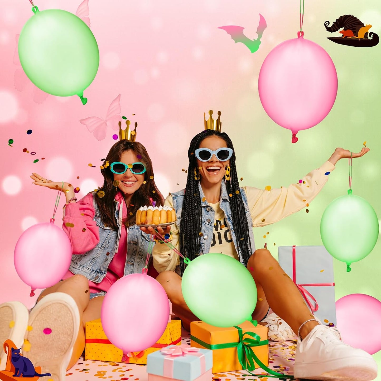 Skiennix 24 Pcs Punch Balloons - Pink & Green Bounce Balloons with Rubber Band Handles for Parties