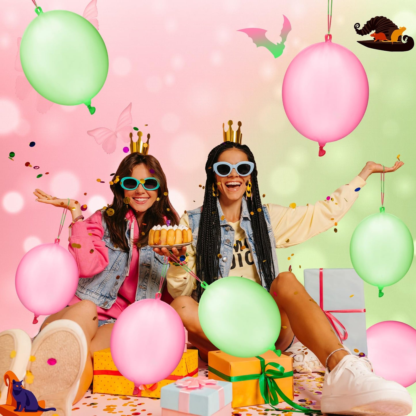 Charnoel 24 Pcs Pink and Green Gift Pink and Green Punch Balloons Bounce with Rubber Band Handle Witch Party Punching Balloons with Colored Rubber Band Handle for Birthday