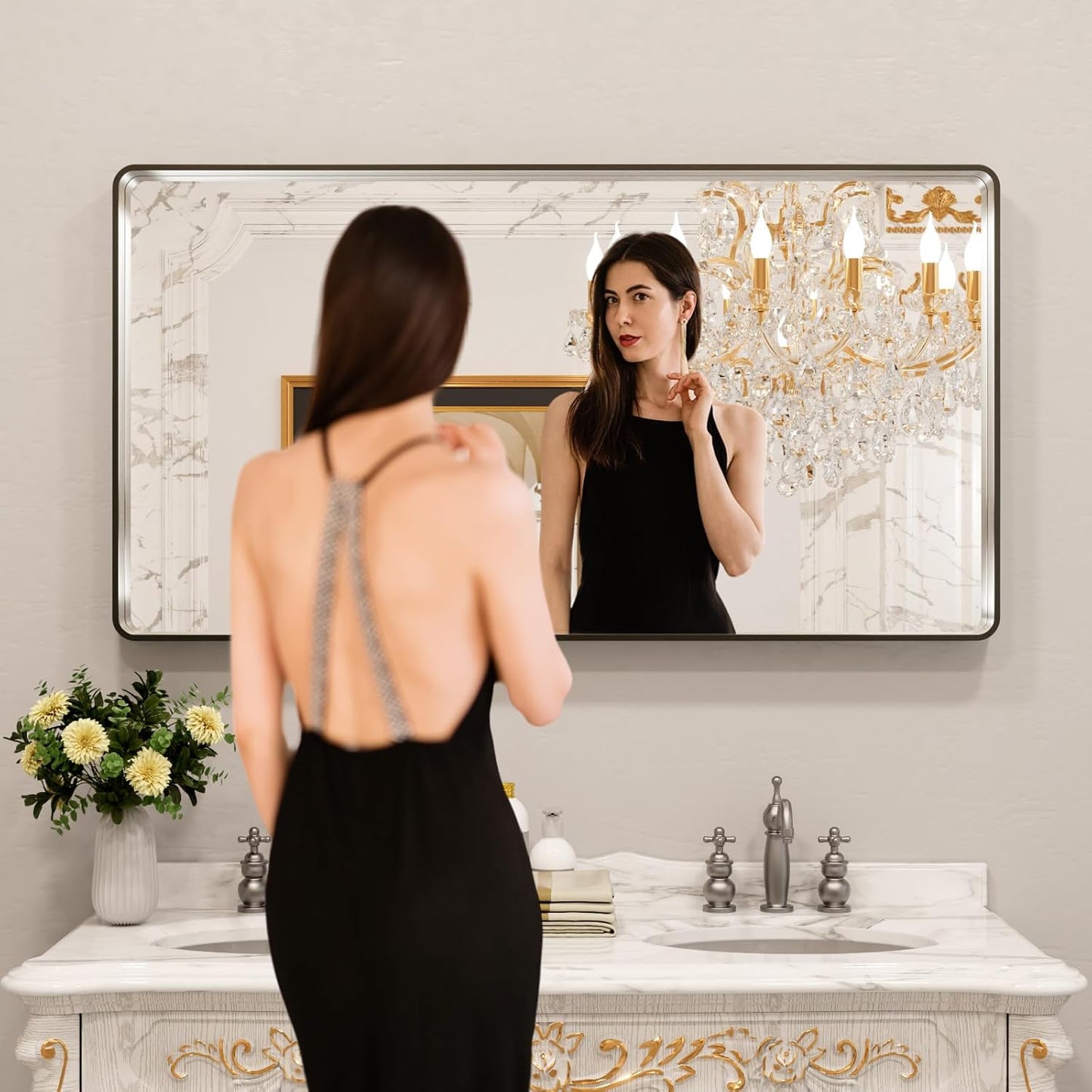 LOAAO Brushed Nickel Bathroom Mirror - 55X30 Inch Rounded Rectangle Design | Anti-Rust & Shatterproof