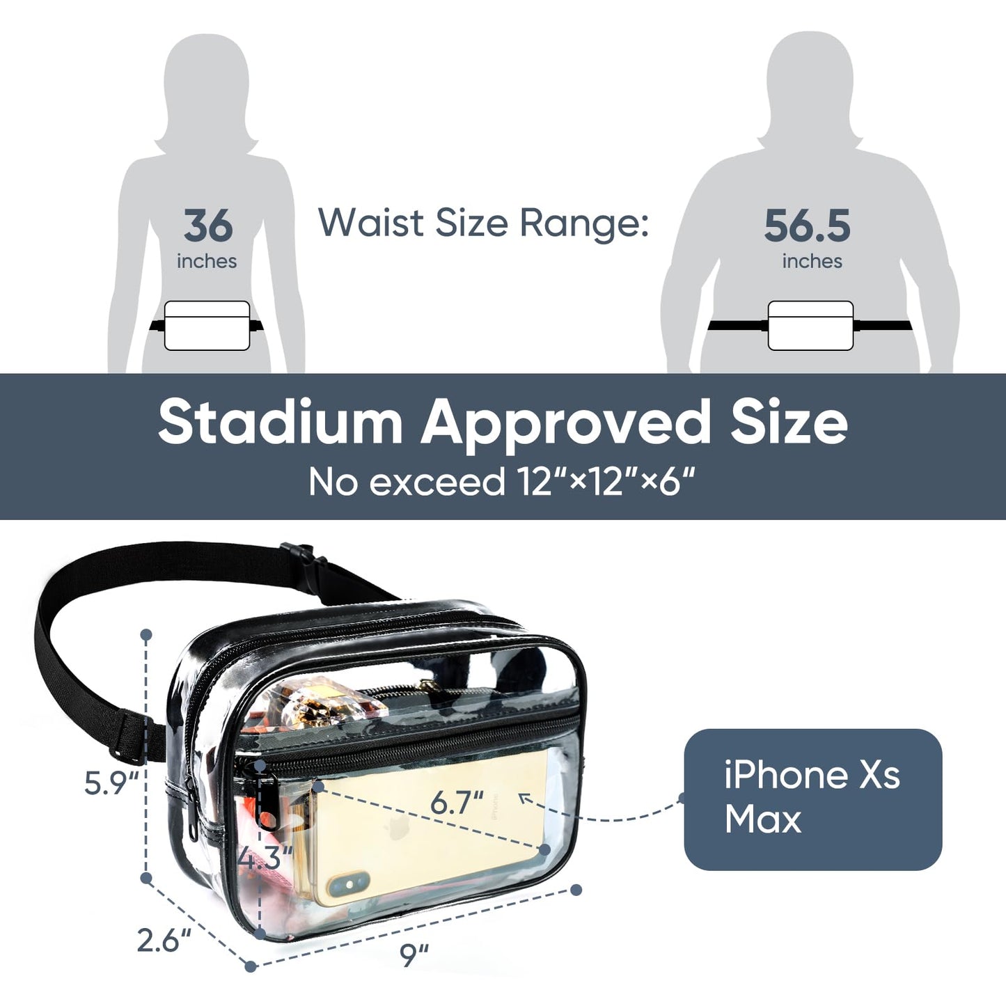 Clear Fanny Pack for Stadium Events - Clear Bag for Women Men | Lightweight Waist Pack for Concerts, Sports Games Day & Travel Stadium Approved Transparent Bag (Black)