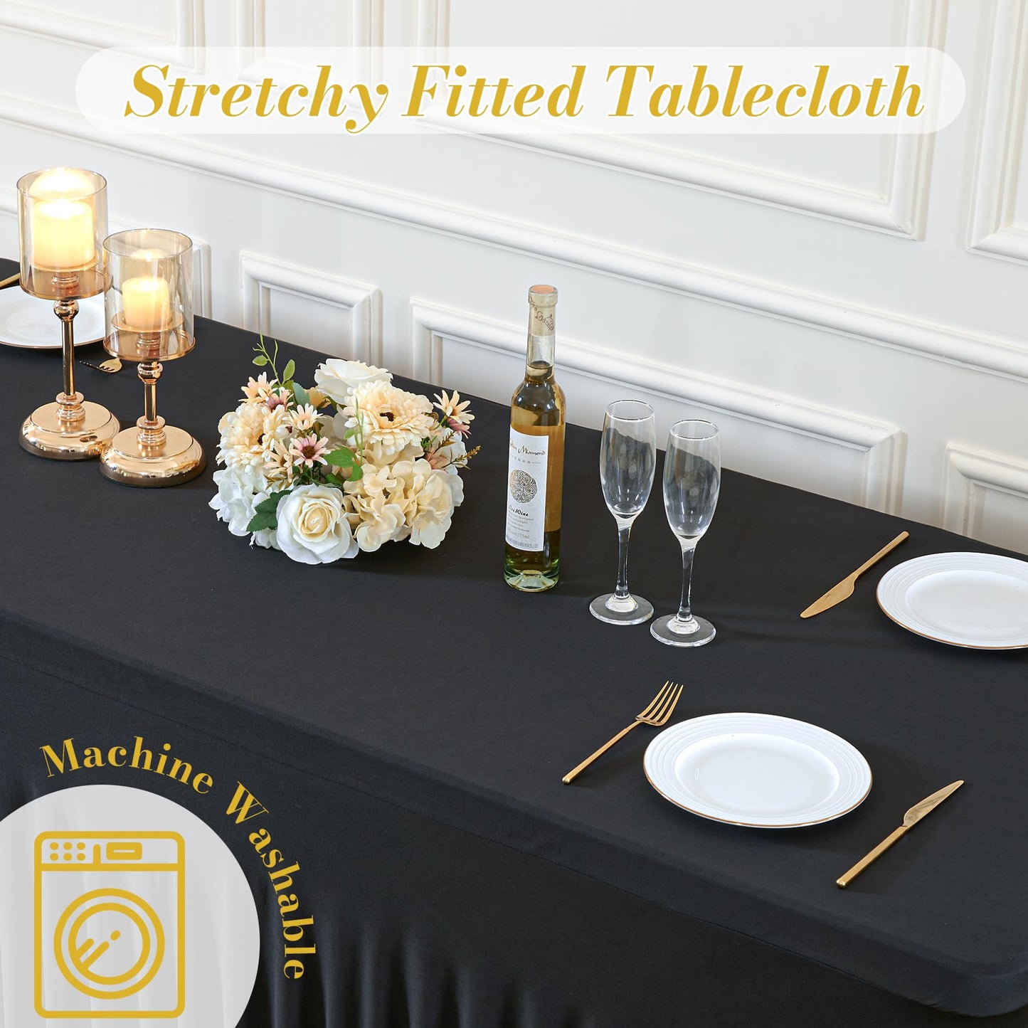 gogoparti 2 Pack Spandex Black Fitted Table Cloth for 6ft Rectangle Tables Black Stretch Tablecloth Table Covers Skirt Banquet Wrinkle Free Tablecloths for Parties Wedding