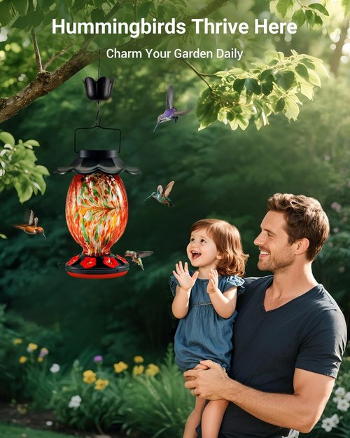 HouseSapp Solar Hummingbird Feeder - 49 Fl. Oz Color Changing Hand Blown Glass - 7 Feeding Ports & Perch