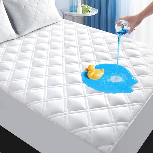 MEELUS Padded Queen Mattress Protector - Breathable Waterproof Cover with Deep Pockets | Soft, Noiseless, Washable, White