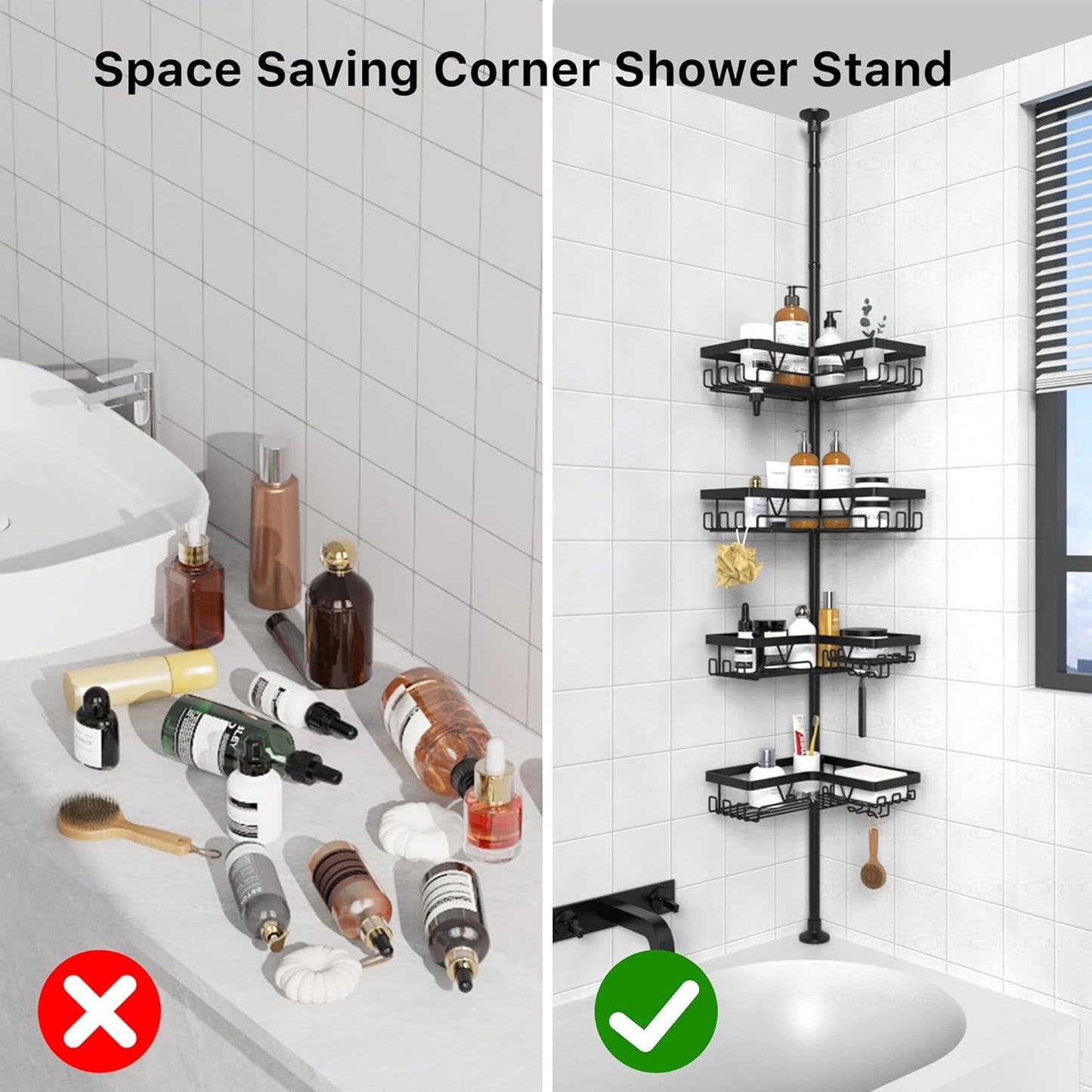 KEGII Corner Shower Caddy Tension Pole - Waterproof Floor-to-Ceiling Organizer | 25-114.2 Inch, Black