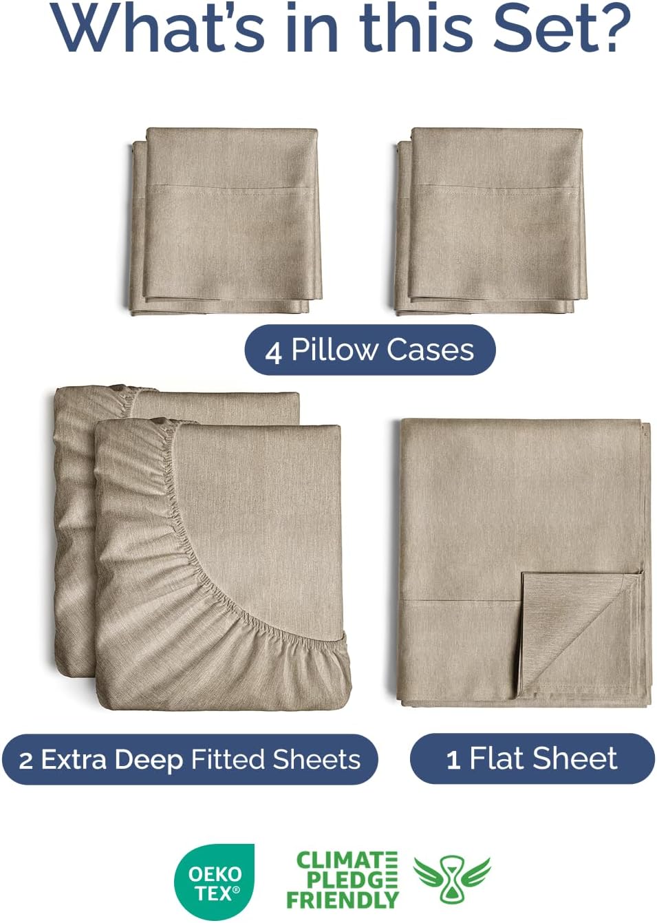 Skiennix Extra Deep Split King Sheet Set - 7 Piece Breathable Cooling Bedding - Soft Wrinkle-Free Heathered Beige