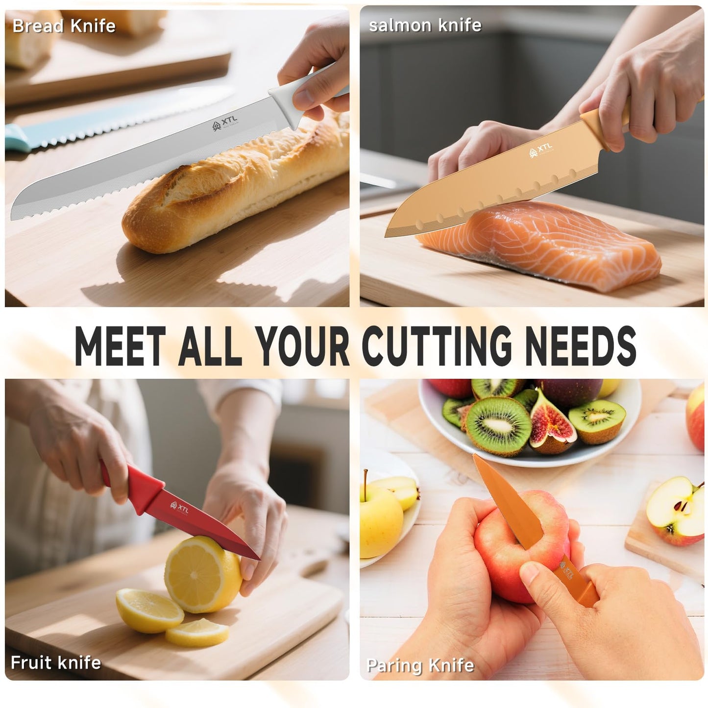 XTL 5-Piece Kitchen Knife Set with Matched Blade Guards, Stainless Steel Knife Set With Nonstick Ceramic Coating, Dishwasher Safe, Rustproof, 5 Knife Set for Kitchen Cooking, Cutting & Chopping