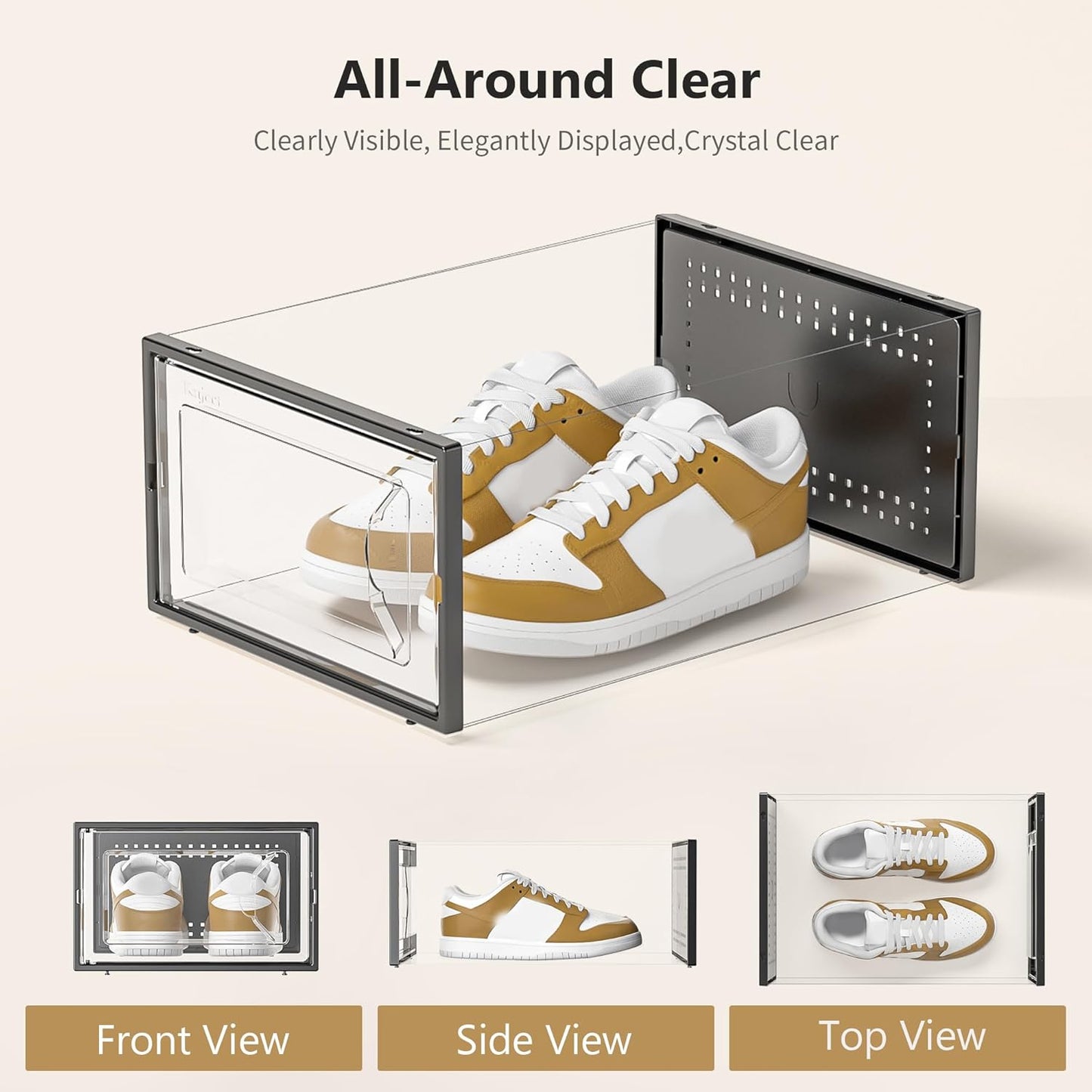 Kuject Shoe Storage Box - Large Crystal Clear Stackable Organizer | Space-Saving 12-Pack Black