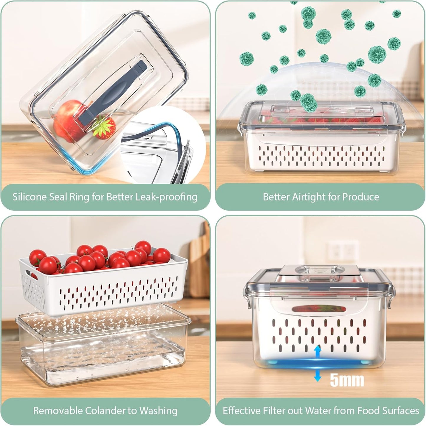 Skiennix Fruit Storage Containers - 5 Pcs Airtight Fridge Organizers with Removable Colander & Handle Lid