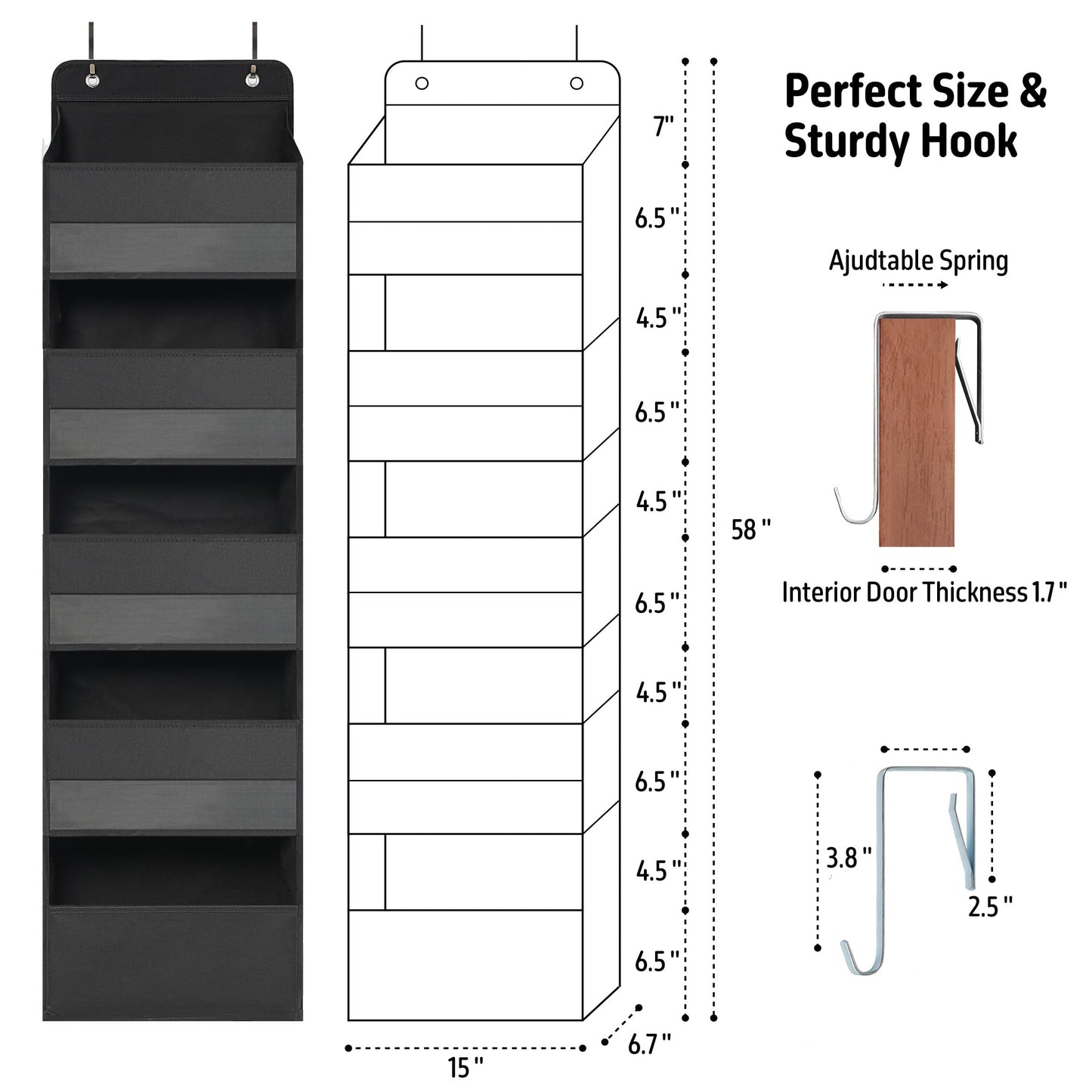 TYMENSH Over Door Organizer with 5 Large Pockets, Heavy Duty Hanging Organizer Storage, Closet Bathroom Nursery Bedroom Dorm, Toys Cosmetics Sundries and Baby Essentials, Black