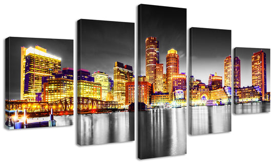 JiazuGo Living Room Wall Decor - Black and White Wall Art Boston City Pictures for Bedroom Large Size Boston Skyline Landscape Canvas Posters with Frame Ready to Hang(60" Wx 32" H)