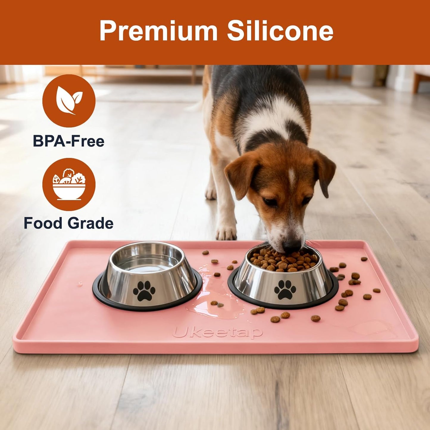 Ukeetap Extra Thick Silicone Dog & Cat Food Mat - Waterproof, Non-Slip, 19” x 12”, Pink