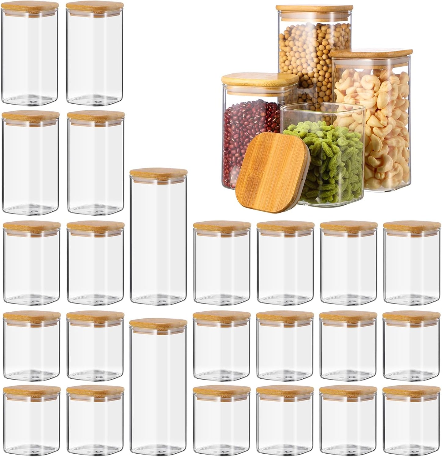 Qinyoung Glass Storage Jars - 24 Pcs Airtight Containers with Bamboo Lids | Clear Square, 4 Sizes (0.5-1 Qt) for Kitchen Organization