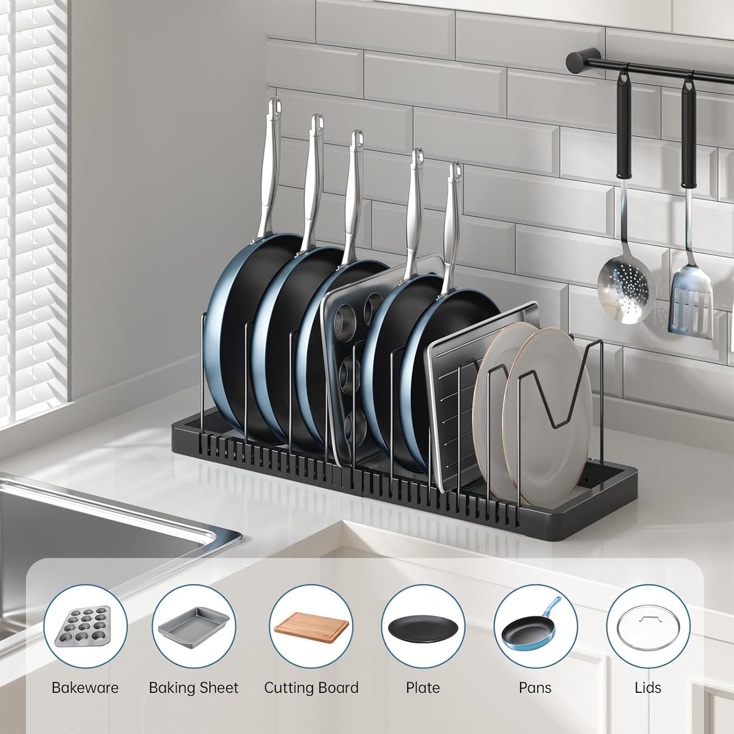 PanPanPal Pots and Pans Organizer - Expandable Under Cabinet Lid Holder with 10 Adjustable Compartments | Black Kitchen Storage Solution