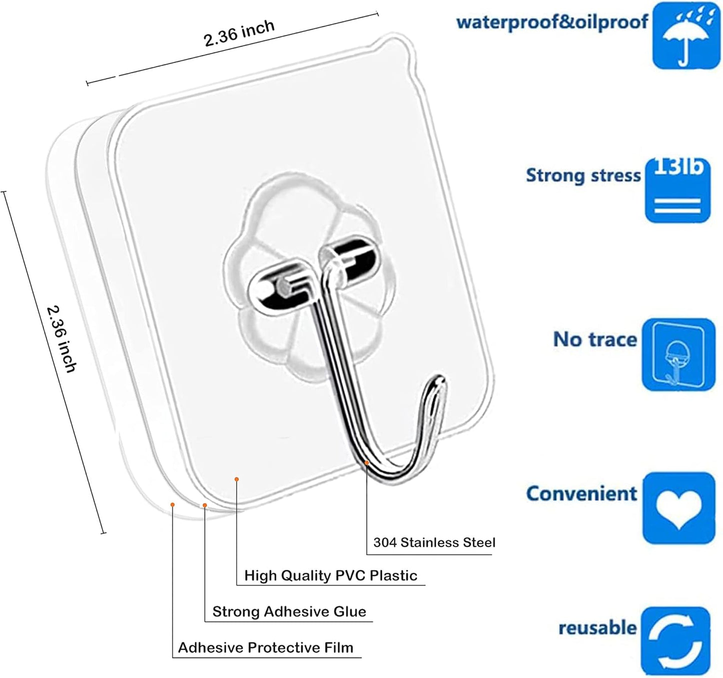 Adhesive Hooks - Heavy Duty 24lb Max Transparent Wall Hangers | 24 Pack for Home & Kitchen Use