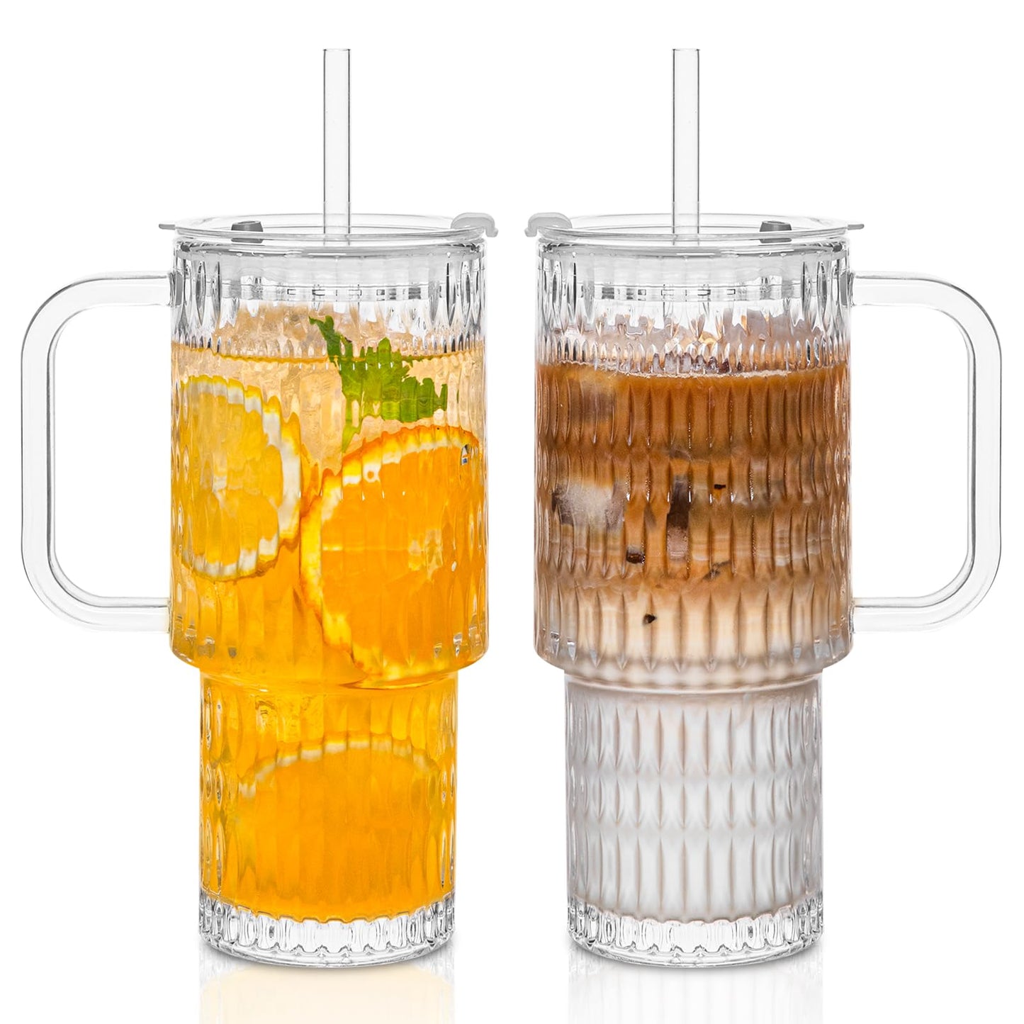 SoulTimes 26oz Raindrop Glass Tumbler with Handle - Set of 2, Reusable Iced Coffee Cup, Glass Cup with Lid and Straw for Smoothies, Juice, Coffee, Tea, Milk & More