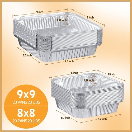 40 Pack Disposable Aluminum Pans with Lids - 9x9 & 8x8 Square Foil Pans for Meal Prep & Cooking