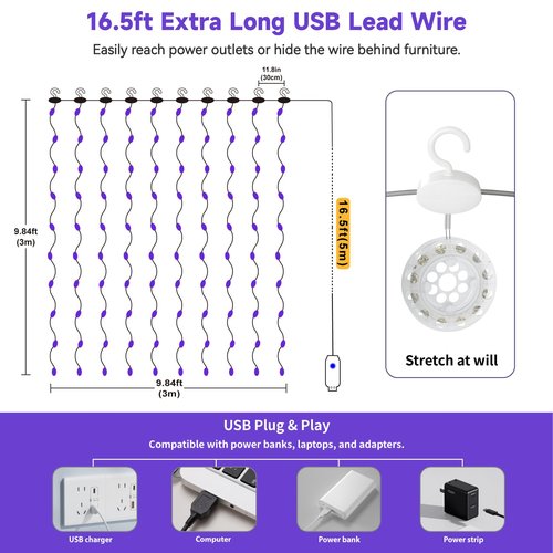 HXWEIYE 300LED Untangled Curtain Lights, 9.8x9.8Ft USB Fairy Twinkle String Lights with Remote and DIY Timer, 8 Modes Window Wall Hanging Light for Bedroom Dorm Backdrop Room Decor, Purple