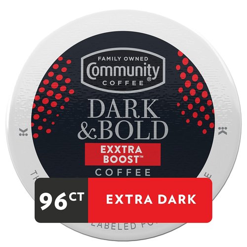 Community Coffee Dark & Bold Extra Boost Coffee Pods - 96 Count for Keurig 2.0 | Bold Flavor & Convenience
