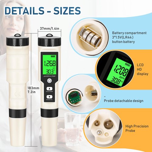 Hydrogen Water Tester 4 in 1 PH,H2,ORP&Temp,pH Meter ORP Meter Hydrogen Tester for Water with ATC & Backlight,Accurate Hydrogen Water ppb/ppm Meter