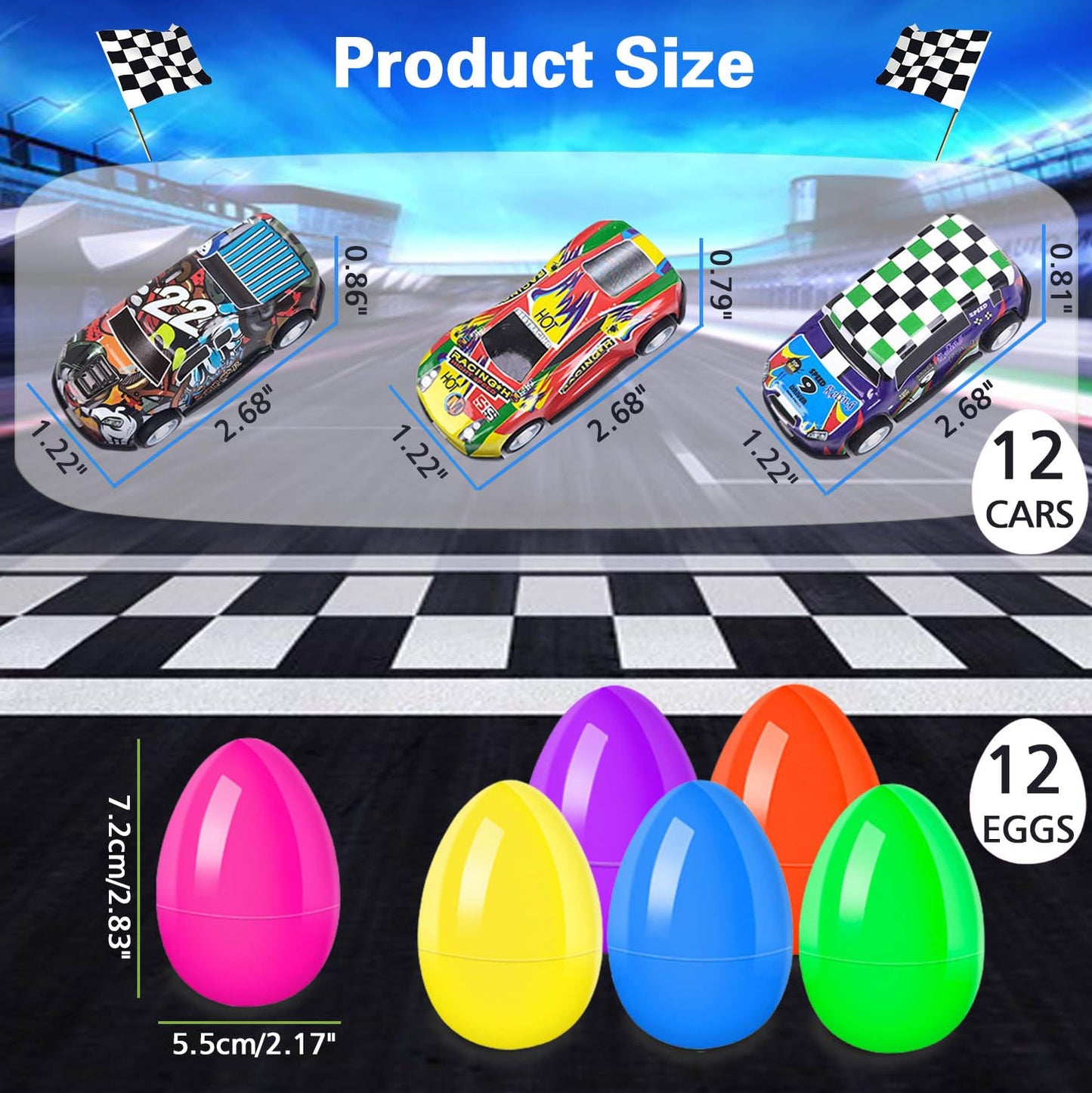 UPINLOOK 12 Pack Prefilled Easter Eggs Filled with Cars, Colorful Plastic Filled Easter Eggs with Toys Inside for Kids Easter Egg Hunt, Easter Basket Stuffers, Easter Party Favor Supplies