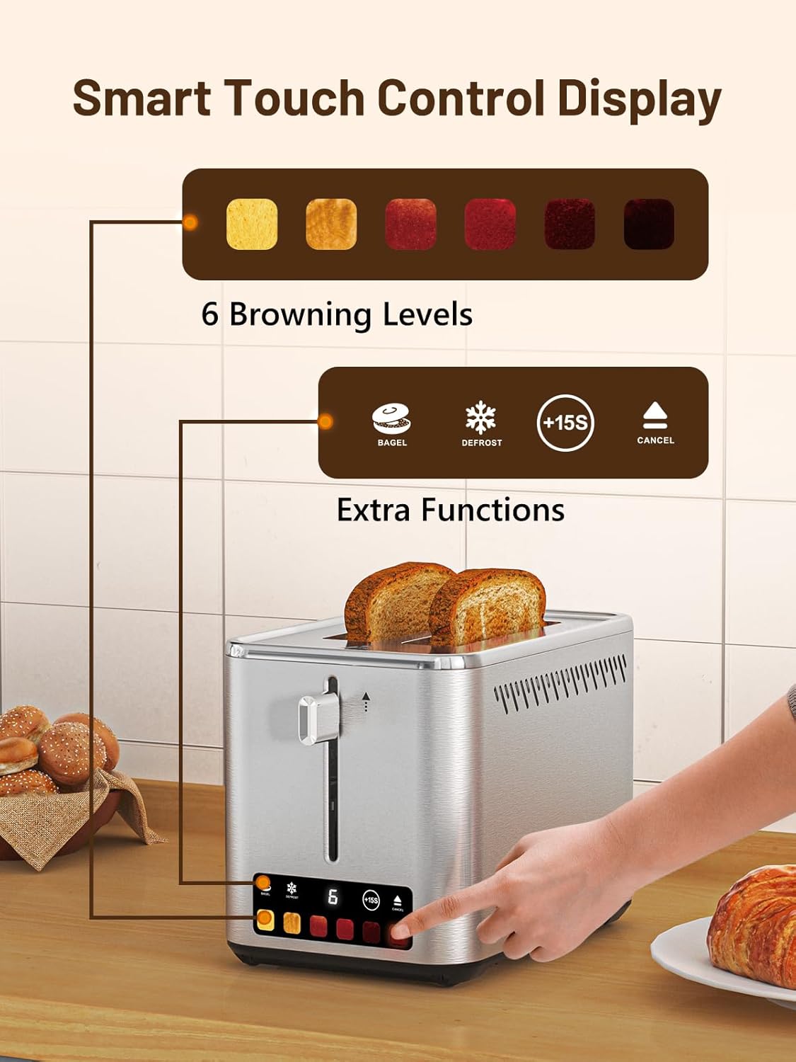 KEENSTAR 2-Slice Touch Screen Toaster - 6 Browning Levels, Wide 1.5" Slots, Stainless Steel Finish