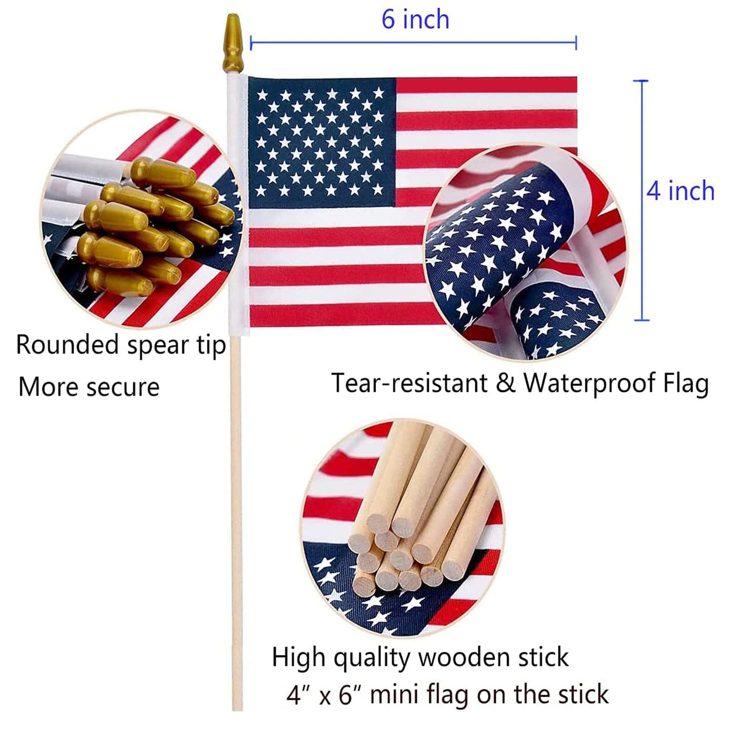 100 Pack Small American Flags on Stick, 4x6 Inch Small US Flags/American Flags for Outside, Mini Hand Held Stick Flags, Memorial Day,250 Anniversary, 4th of July Decorations,Patriotic Decorations