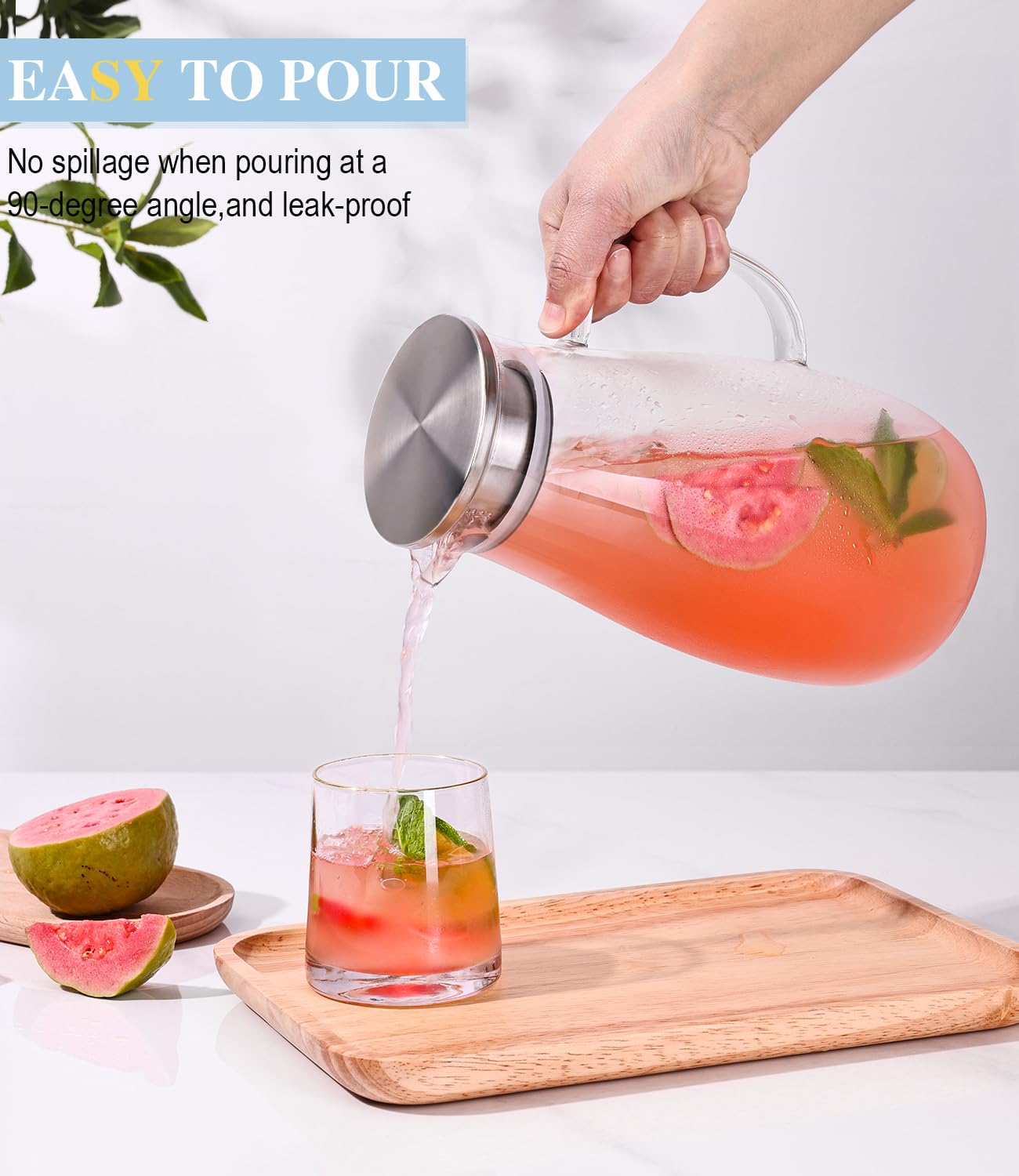 LUNA & MANTHA Glass Pitcher with Lid, Water Pitcher for Fridge, 64oz Drink Jug with handle, Borosilicate Glass for Iced Tea, Juice, Milk, Coffee Hot Cold Beverages Carafe 2 Quart