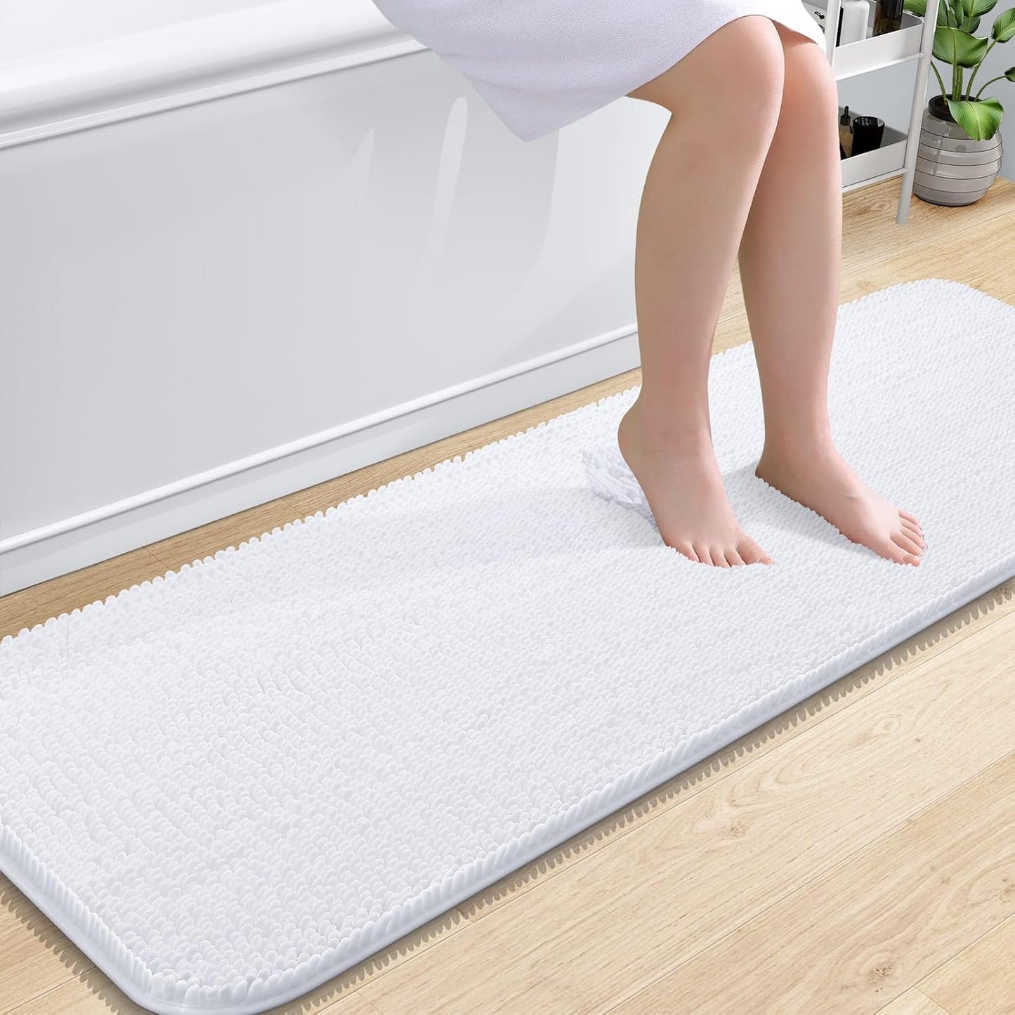 OLANLY Bathroom Runner Rugs - Extra Soft Chenille Bath Mats | 59x20, Quick Dry & Machine Washable, White