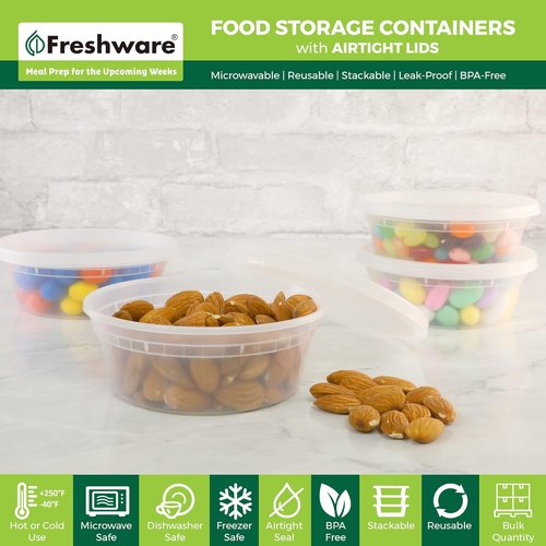 Freshware Food Storage Containers - 50 Set 8 oz Plastic Deli Containers | BPA-Free, Leakproof, Stackable, Safe for Microwave & Dishwasher