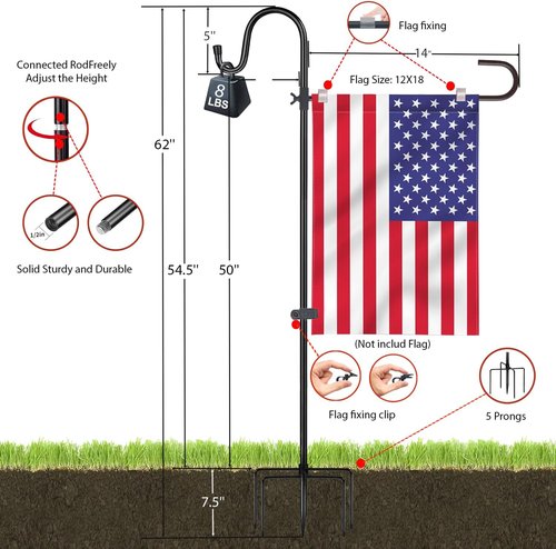 Garden Flagpole Stand - Shepherd's Hook for 12x18 Flags | 62 Inch High, Durable 1/2 Inch Thick